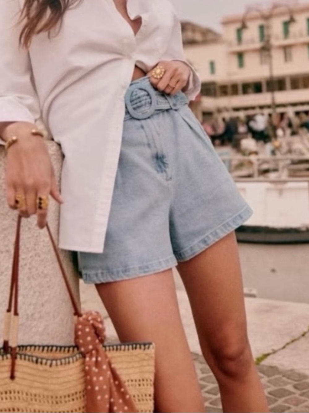 Sézane Light Blue High-Waist Denim Shorts with Belt